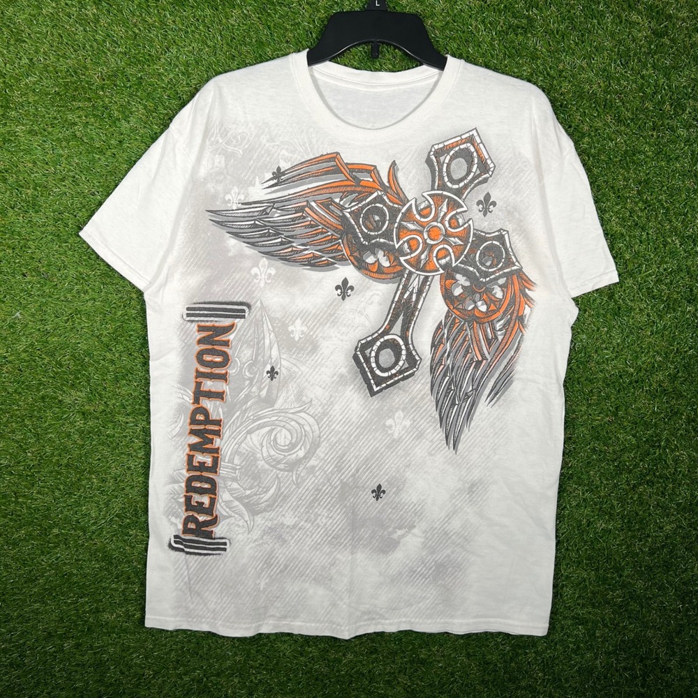 Redemption Mens Winged Cross Graphic T-Shirt White Large Y2K Grunge Tee